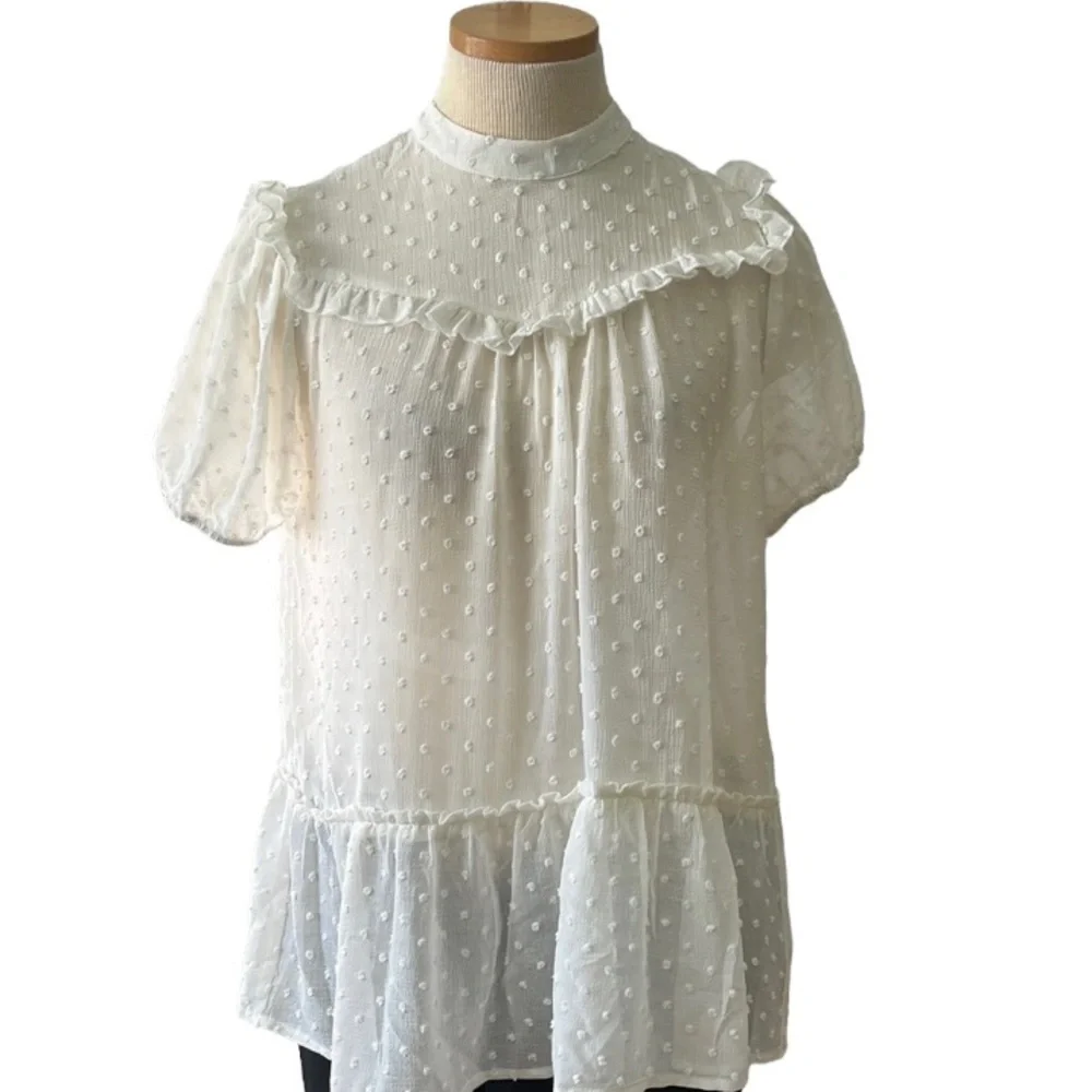 Anthopologie Ro & De Smocked Puff-Sleeve Sheer Blouse, Small
